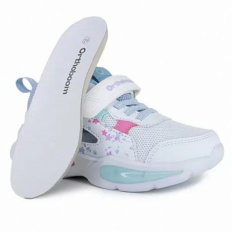 Кроссовки ортопедические Ортобум для девочек 32223-21 белый/васильковый со светодиодами. Изображение 3 из 5